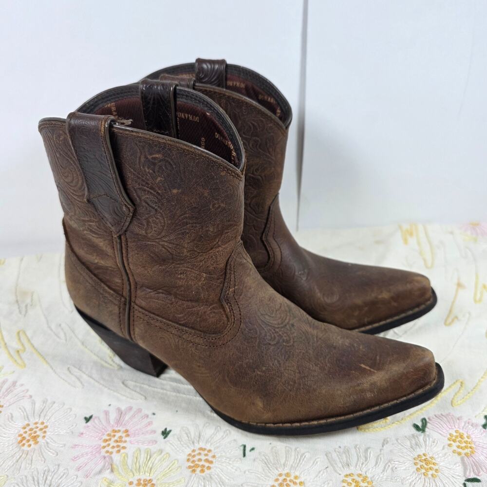 Durango Women's 10M Brown Western Floral Cowgirl Leather Ankle Boots Distressed